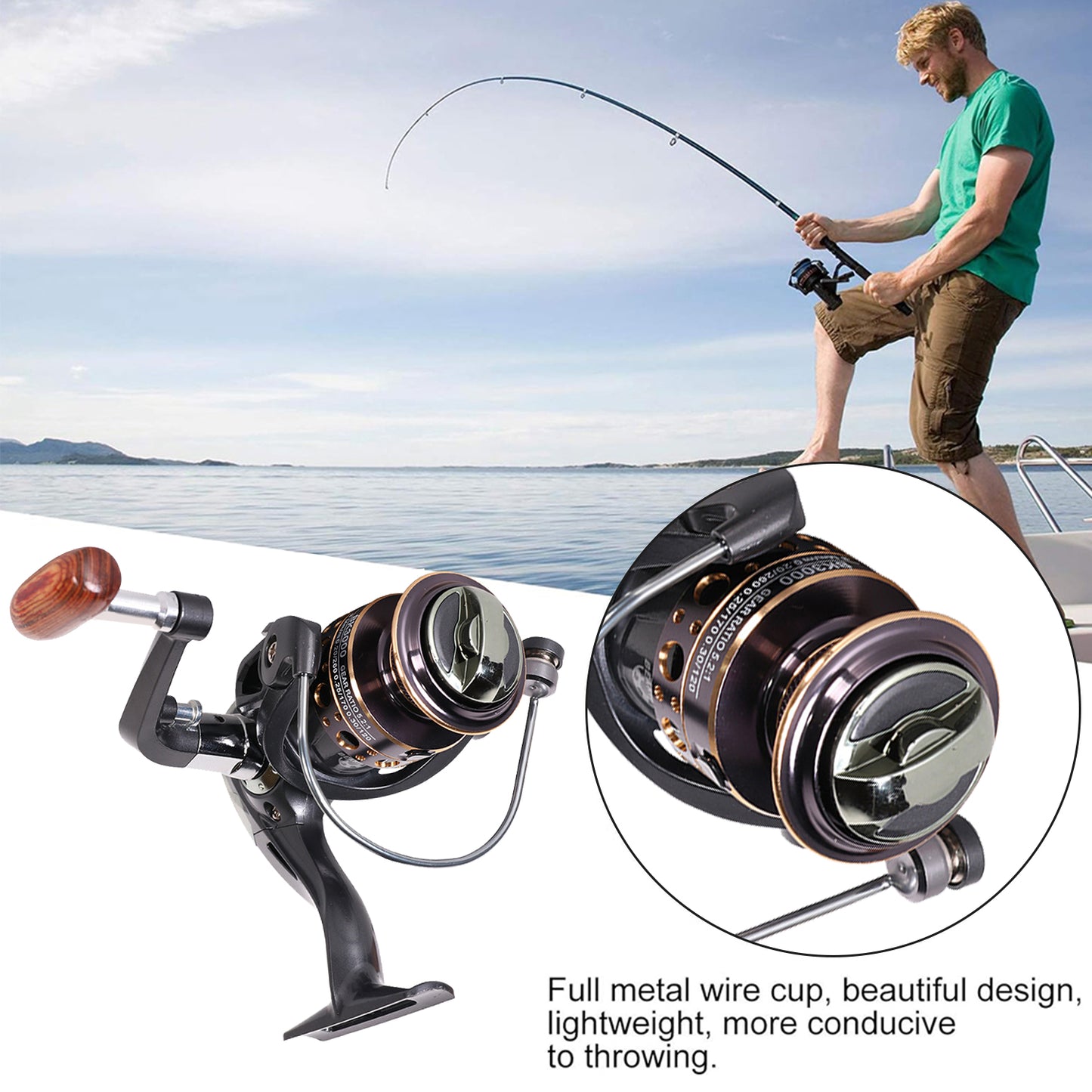 Eyotto Metal Fishing Reel with Wooden Handle, One-handed Reel Outdoor Fishing Gear Spinning Reel Fishing Accessories