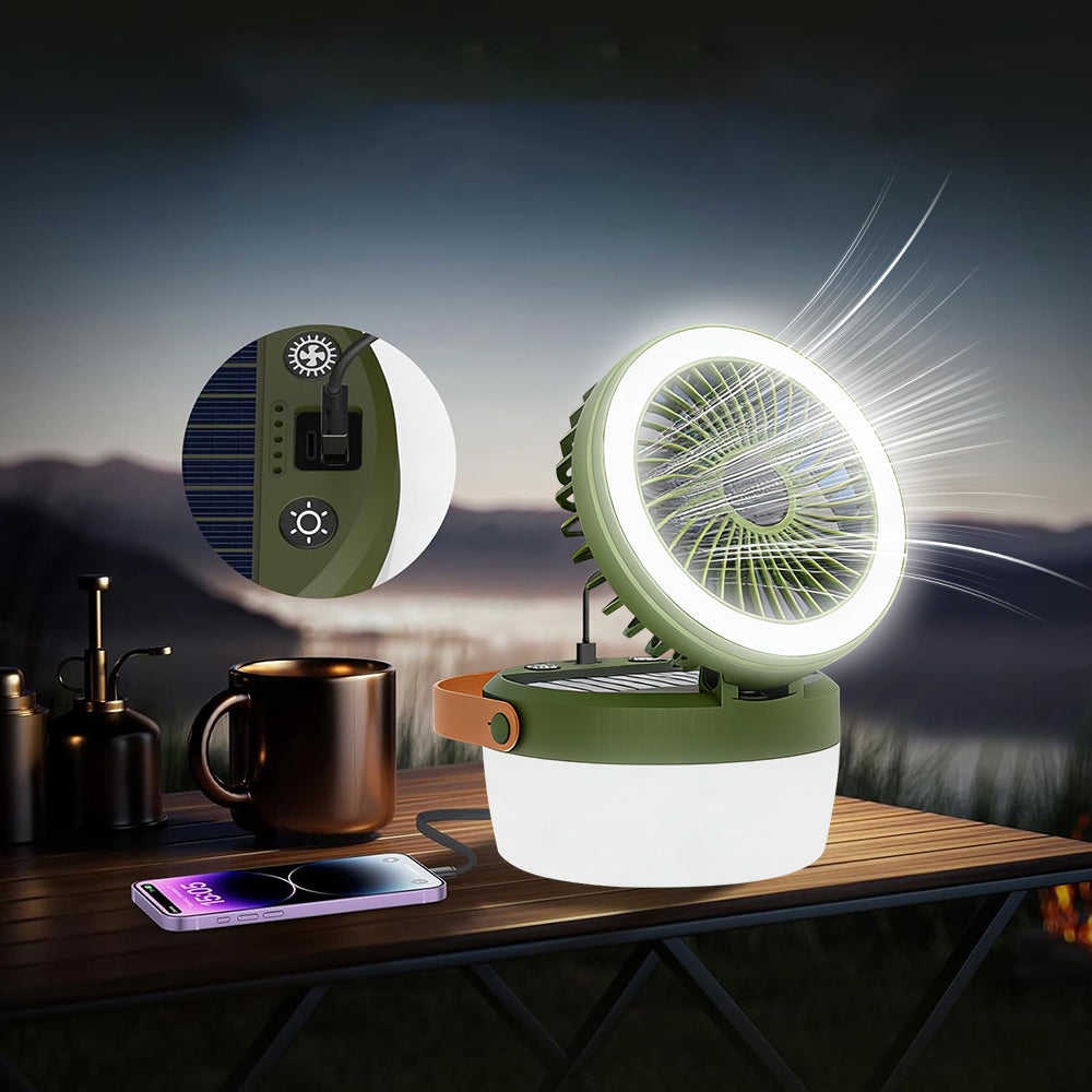 Eyotto Solar Camping Light with Fan, 3000mAh Rechargeable Solar Fan Light, Adjustable Solar Camping Lantern Fan with 3 Speeds for Outdoor Activities