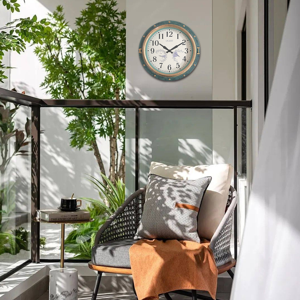 Eyotto 16" Indoor Outdoor Clock, Waterproof Wall Clock with Thermometer Hygrometer, Silent Non-Ticking Battery Operated Wall Clock for Home Decor, Patio, Garden