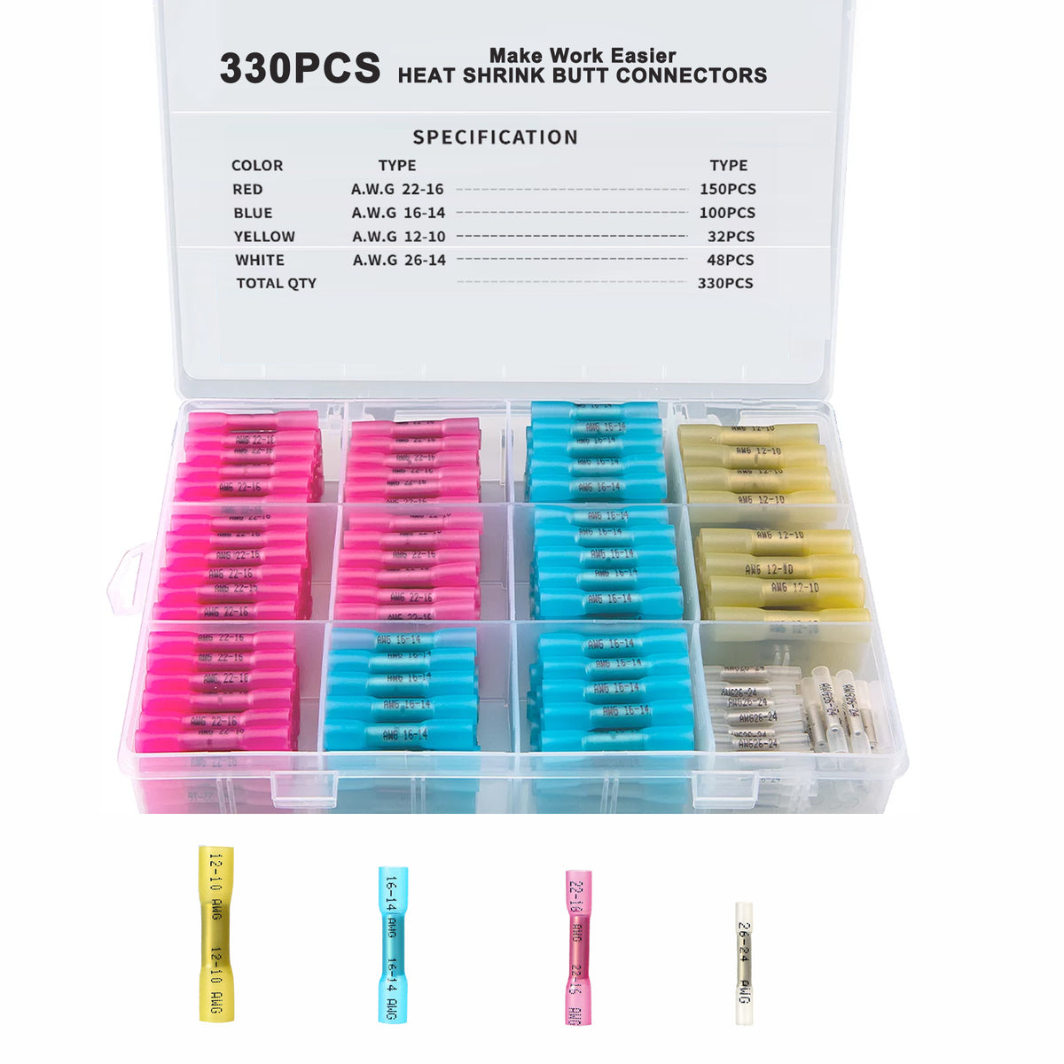 Eyotto 330PCS Heat Shrink Bullet Connectors Butt Splice Wire Connectors Kit, Tinned Copper Insulated Connectors