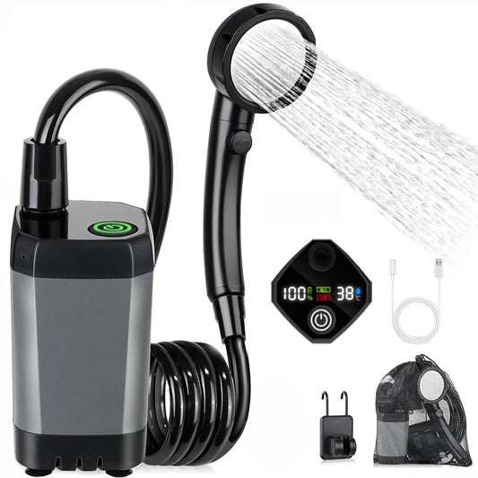 Eyotto Camping Portable Shower with LED Digital Display, 6000mAh Rechargeable Adjustable Camping Shower Kit with Storage Bag for Outdoor Activities Camping Hiking Beach Trip Car Wash