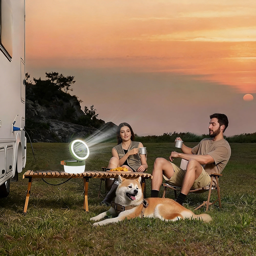Eyotto Solar Camping Light with Fan, 3000mAh Rechargeable Solar Fan Light, Adjustable Solar Camping Lantern Fan with 3 Speeds for Outdoor Activities