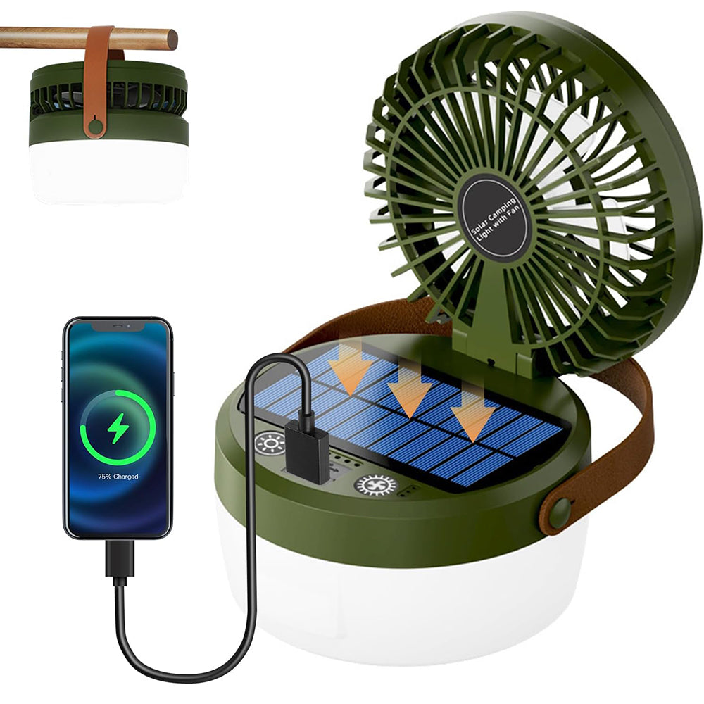 Eyotto Solar Camping Light with Fan, 3000mAh Rechargeable Solar Fan Light, Adjustable Solar Camping Lantern Fan with 3 Speeds for Outdoor Activities