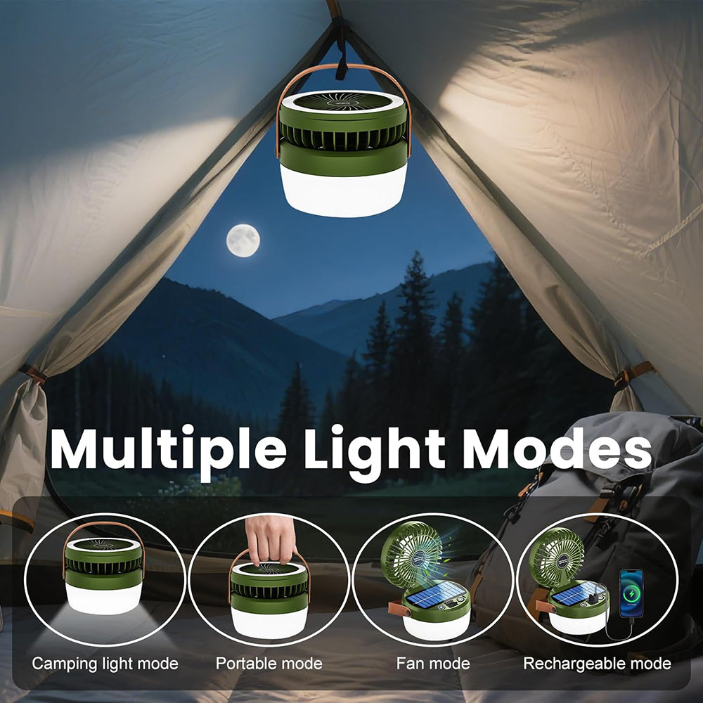 Eyotto Solar Camping Light with Fan, 3000mAh Rechargeable Solar Fan Light, Adjustable Solar Camping Lantern Fan with 3 Speeds for Outdoor Activities