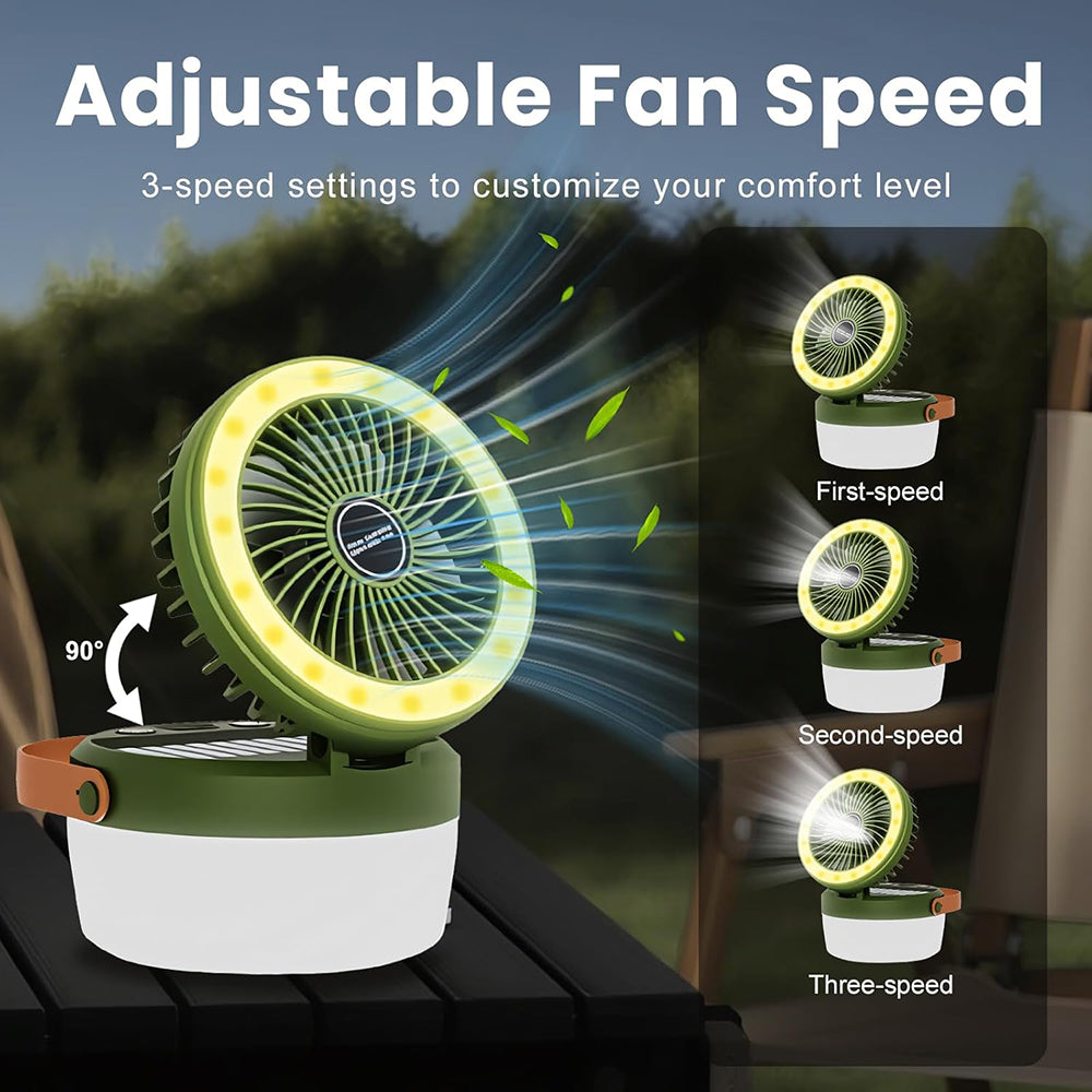 Eyotto Solar Camping Light with Fan, 3000mAh Rechargeable Solar Fan Light, Adjustable Solar Camping Lantern Fan with 3 Speeds for Outdoor Activities
