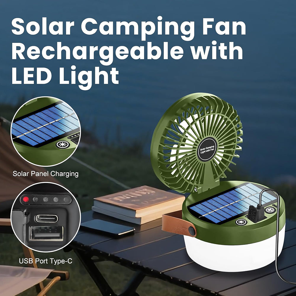 Eyotto Solar Camping Light with Fan, 3000mAh Rechargeable Solar Fan Light, Adjustable Solar Camping Lantern Fan with 3 Speeds for Outdoor Activities