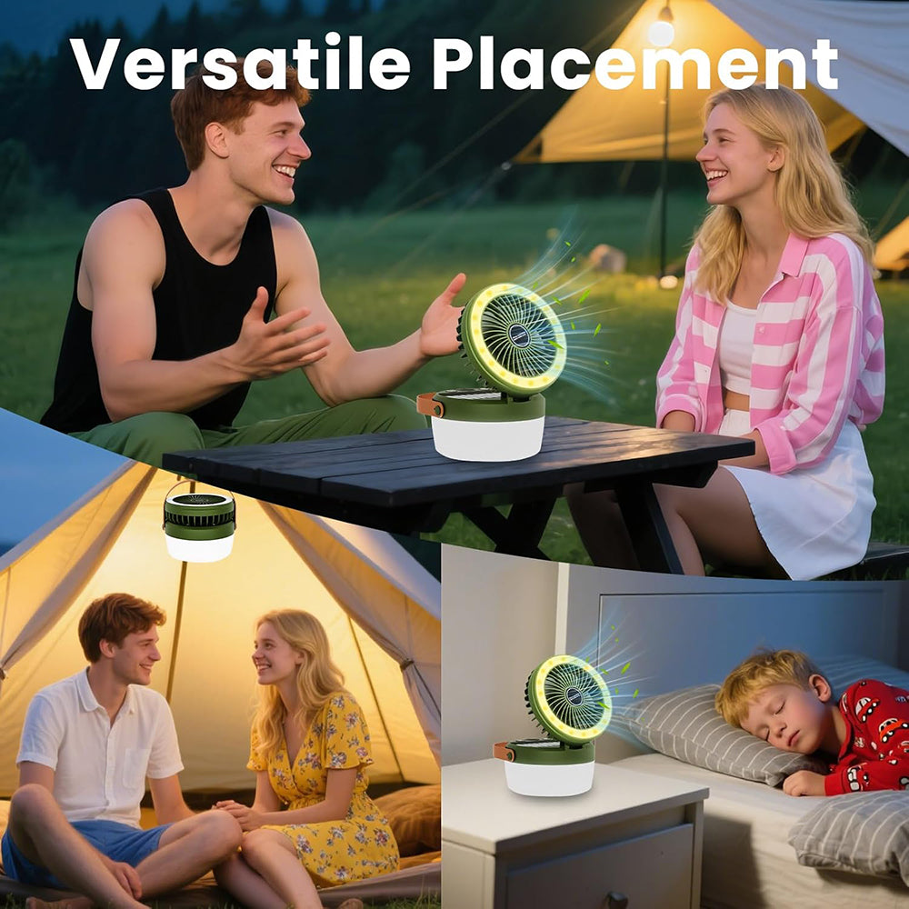 Eyotto Solar Camping Light with Fan, 3000mAh Rechargeable Solar Fan Light, Adjustable Solar Camping Lantern Fan with 3 Speeds for Outdoor Activities