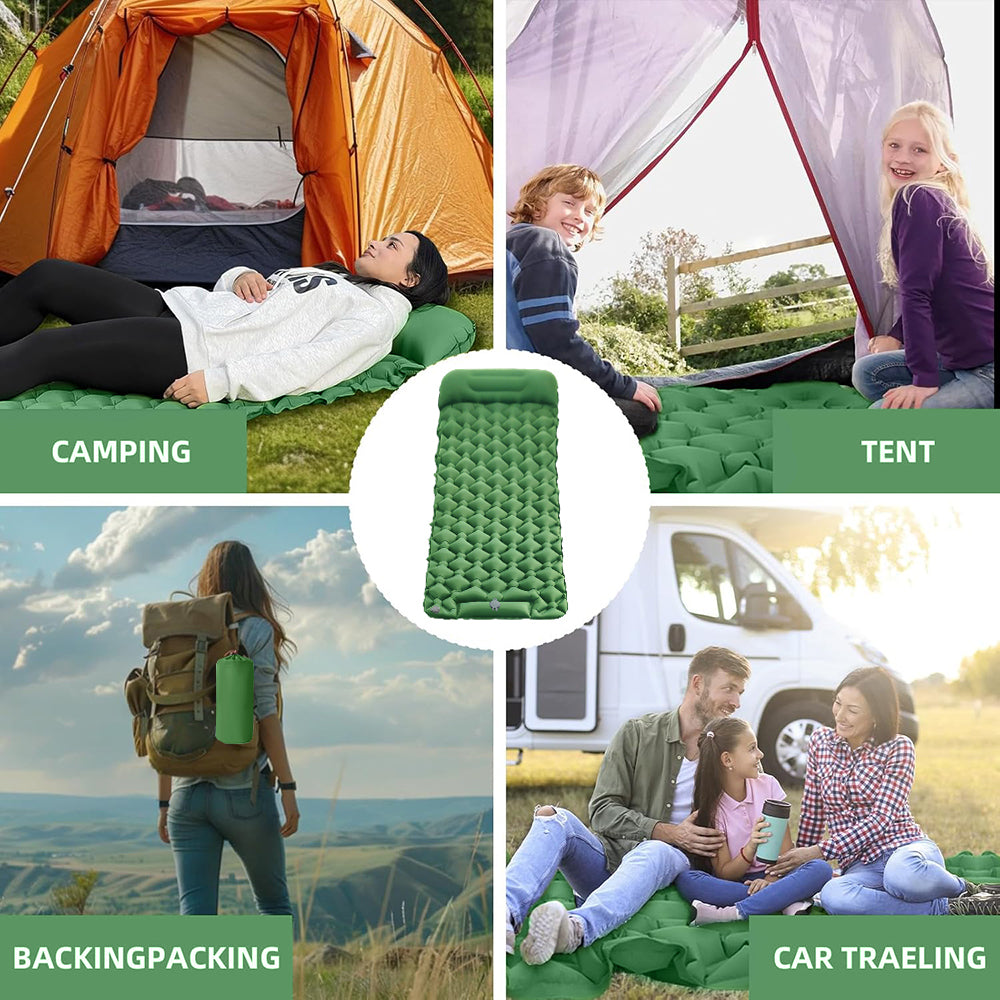 Eyotto Camping Sleeping Pad - Self Inflating, 74.8"L x 23.6"W Camping Mat Sleeping Pad with Pillow Built-in Foot Pump, Blow Up Portable Air Bed for Camping Hiking Travel, Green, Single Size