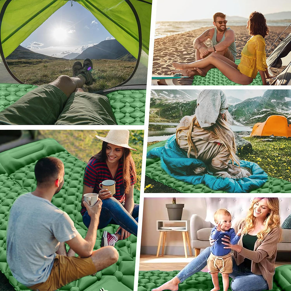 Eyotto Camping Sleeping Pad - Self Inflating, 74.8"L x 23.6"W Camping Mat Sleeping Pad with Pillow Built-in Foot Pump, Blow Up Portable Air Bed for Camping Hiking Travel, Green, Single Size