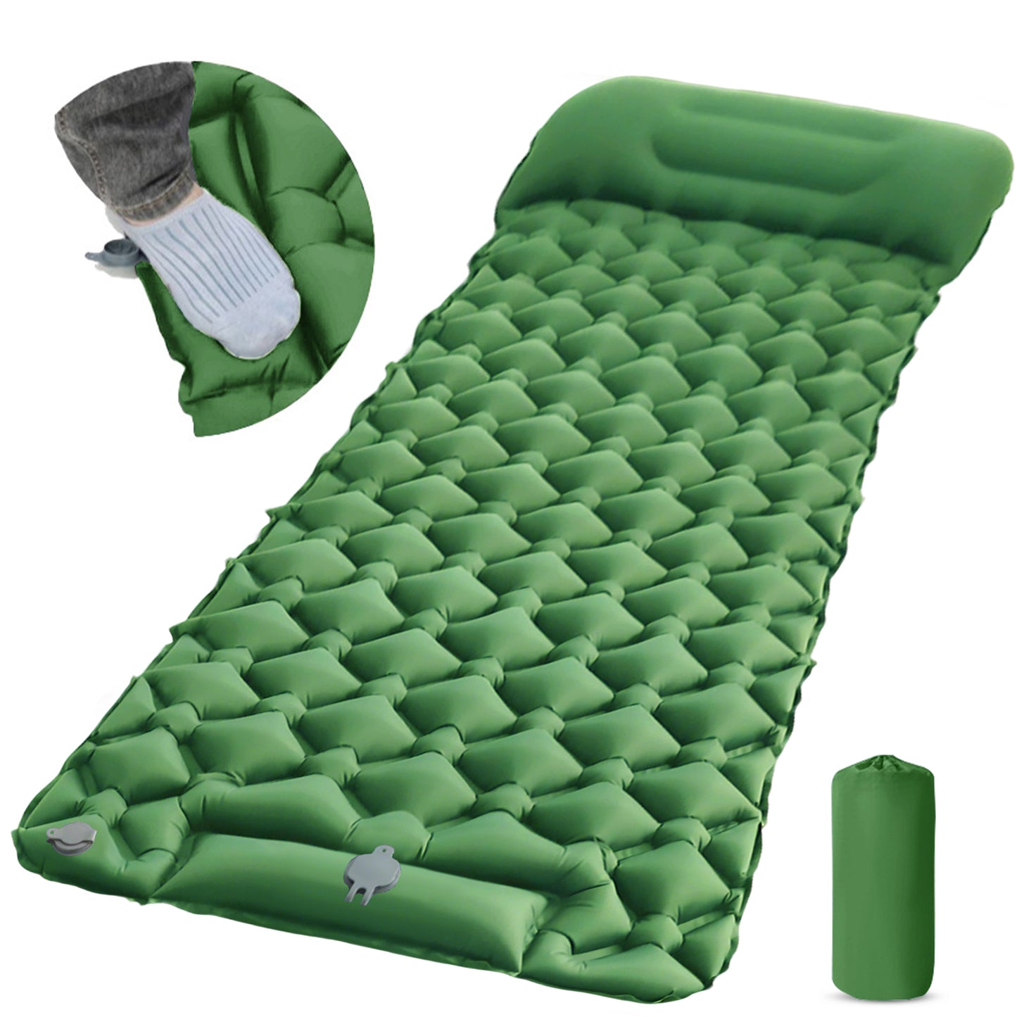 Eyotto Camping Sleeping Pad - Self Inflating, 74.8"L x 23.6"W Camping Mat Sleeping Pad with Pillow Built-in Foot Pump, Blow Up Portable Air Bed for Camping Hiking Travel, Green, Single Size