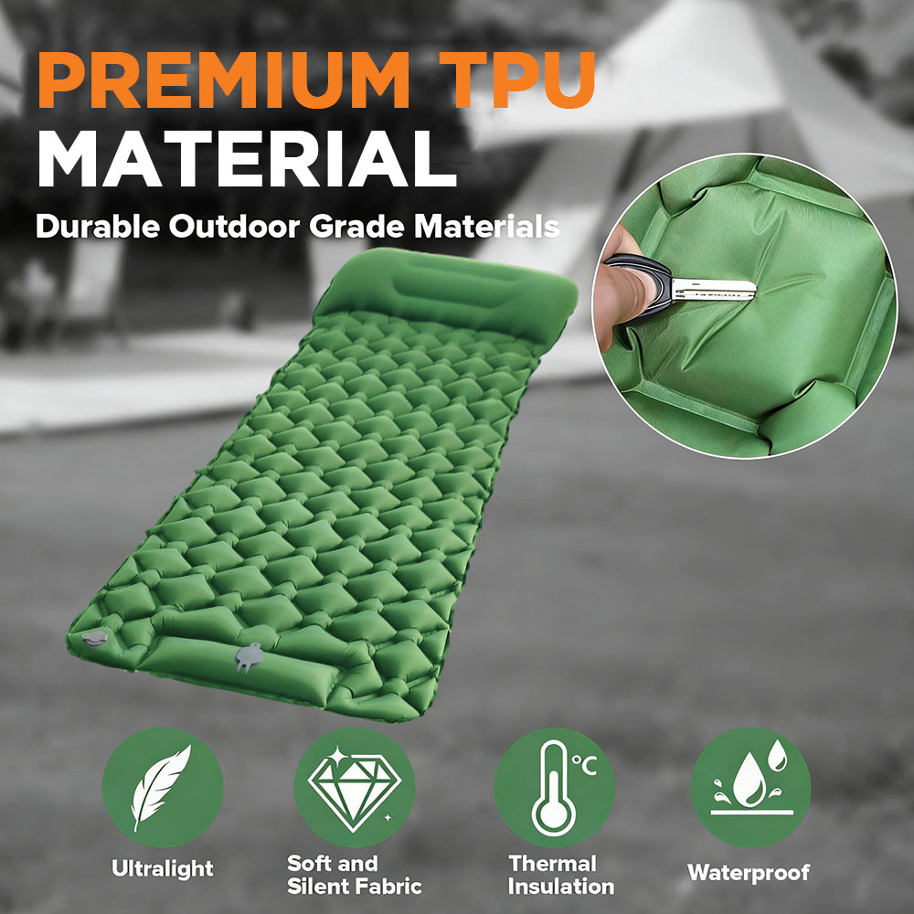 Eyotto Camping Sleeping Pad - Self Inflating, 74.8"L x 23.6"W Camping Mat Sleeping Pad with Pillow Built-in Foot Pump, Blow Up Portable Air Bed for Camping Hiking Travel, Green, Single Size
