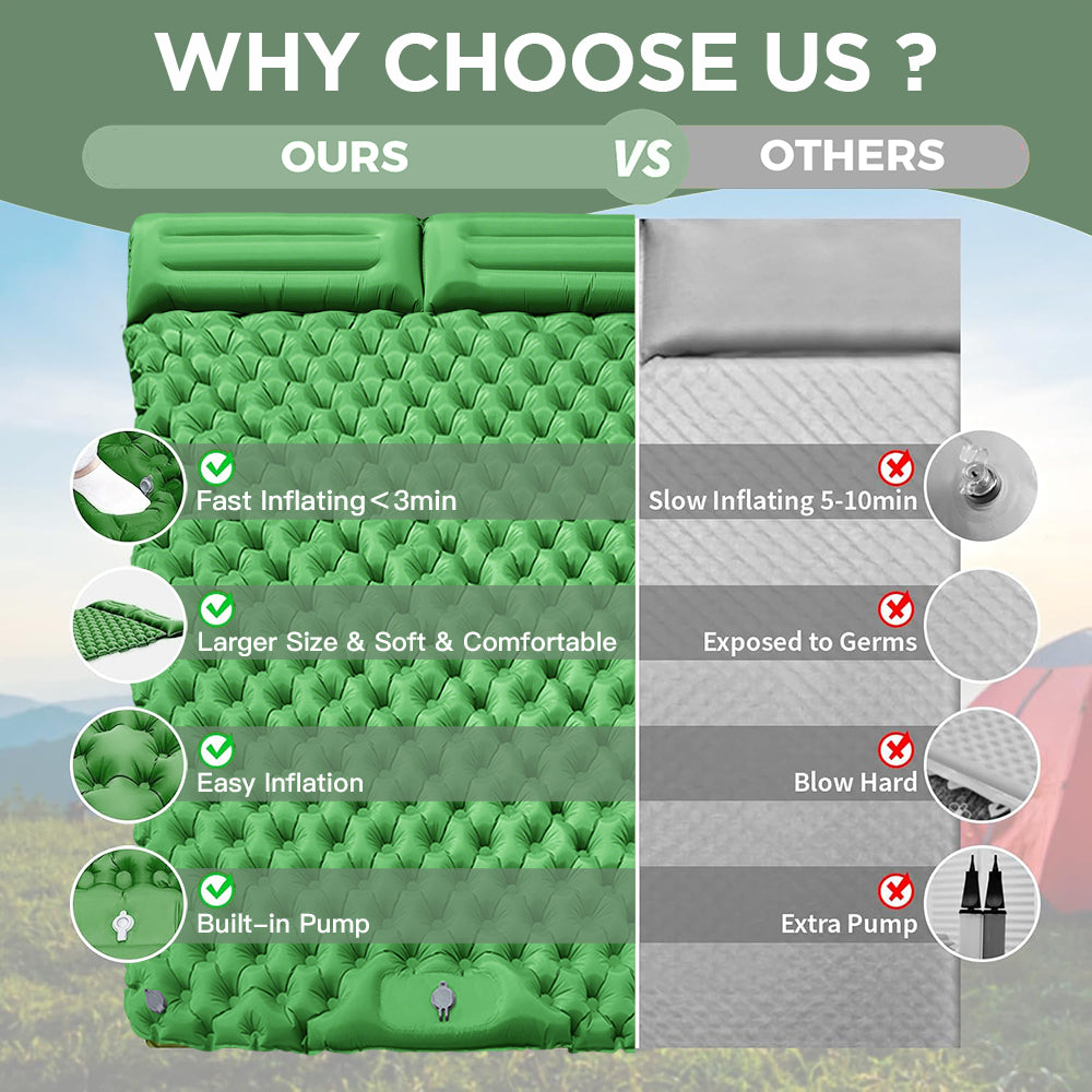 Eyotto Camping Sleeping Pad - Self Inflating, 74.8"L x 47.2"W Camping Mat Sleeping Pad with Pillow Built-in Foot Pump, Blow Up Portable Air Bed for Camping Hiking Travel, Green, Full Size