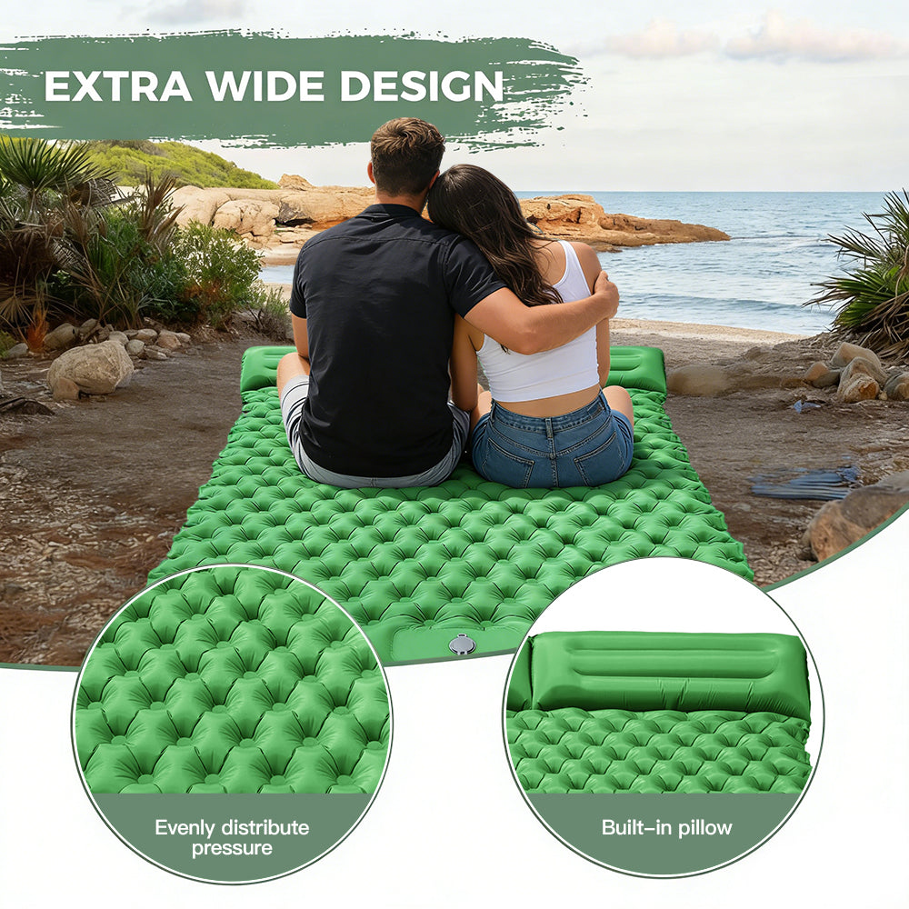 Eyotto Camping Sleeping Pad - Self Inflating, 74.8"L x 47.2"W Camping Mat Sleeping Pad with Pillow Built-in Foot Pump, Blow Up Portable Air Bed for Camping Hiking Travel, Green, Full Size