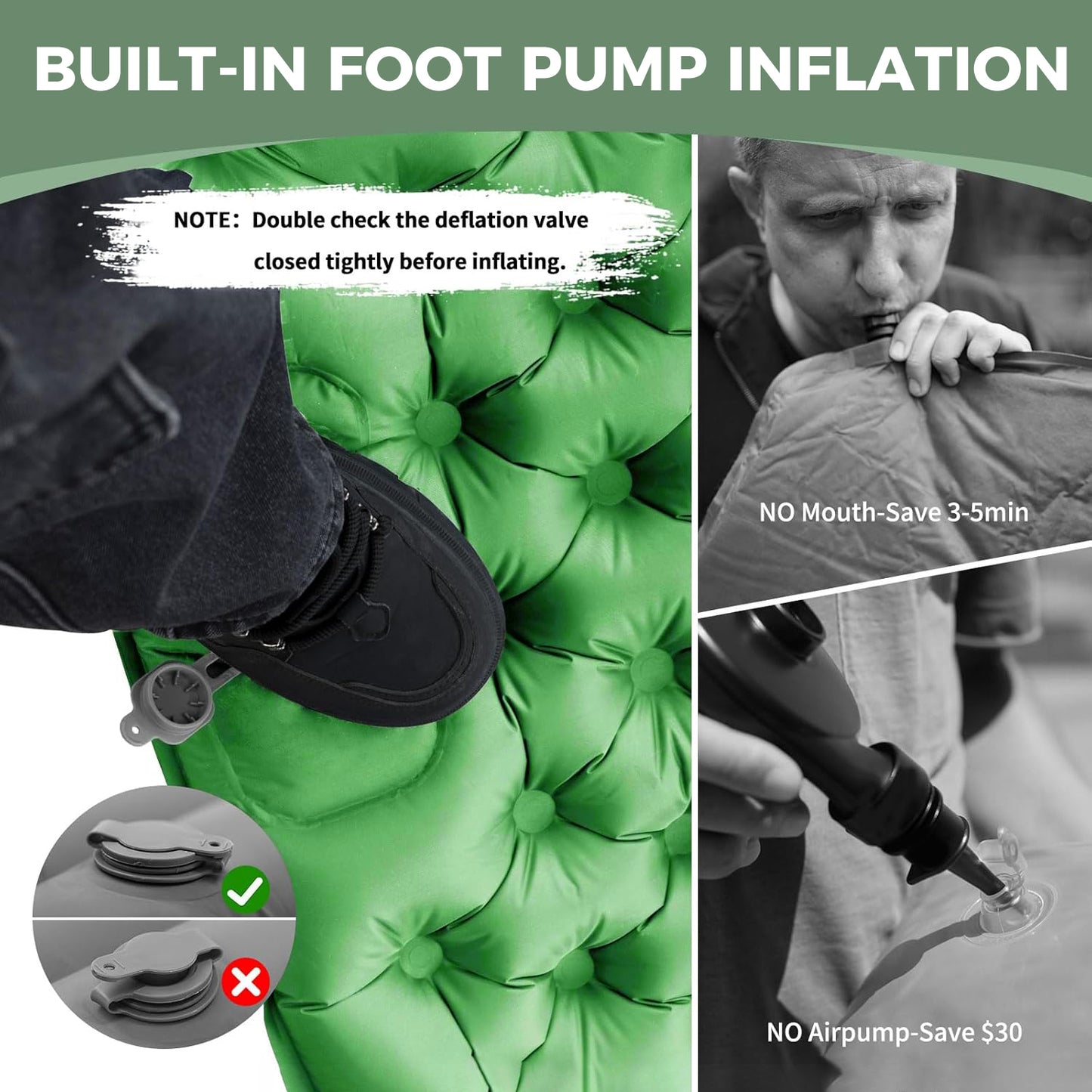 Eyotto Camping Sleeping Pad - Self Inflating, 74.8"L x 47.2"W Camping Mat Sleeping Pad with Pillow Built-in Foot Pump, Blow Up Portable Air Bed for Camping Hiking Travel, Green, Full Size