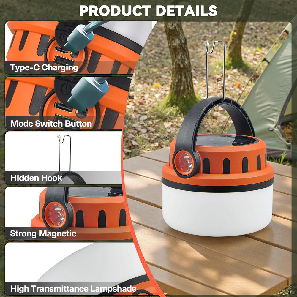 eYotto Solar LED Camping Light, 2400mAh Rechargeable Camping Lantern with Flashlight, Portable Solar Outdoor Tent Light Flashlight with Hook for Outdoor Activities Hiking Picnic Climbing Fishing