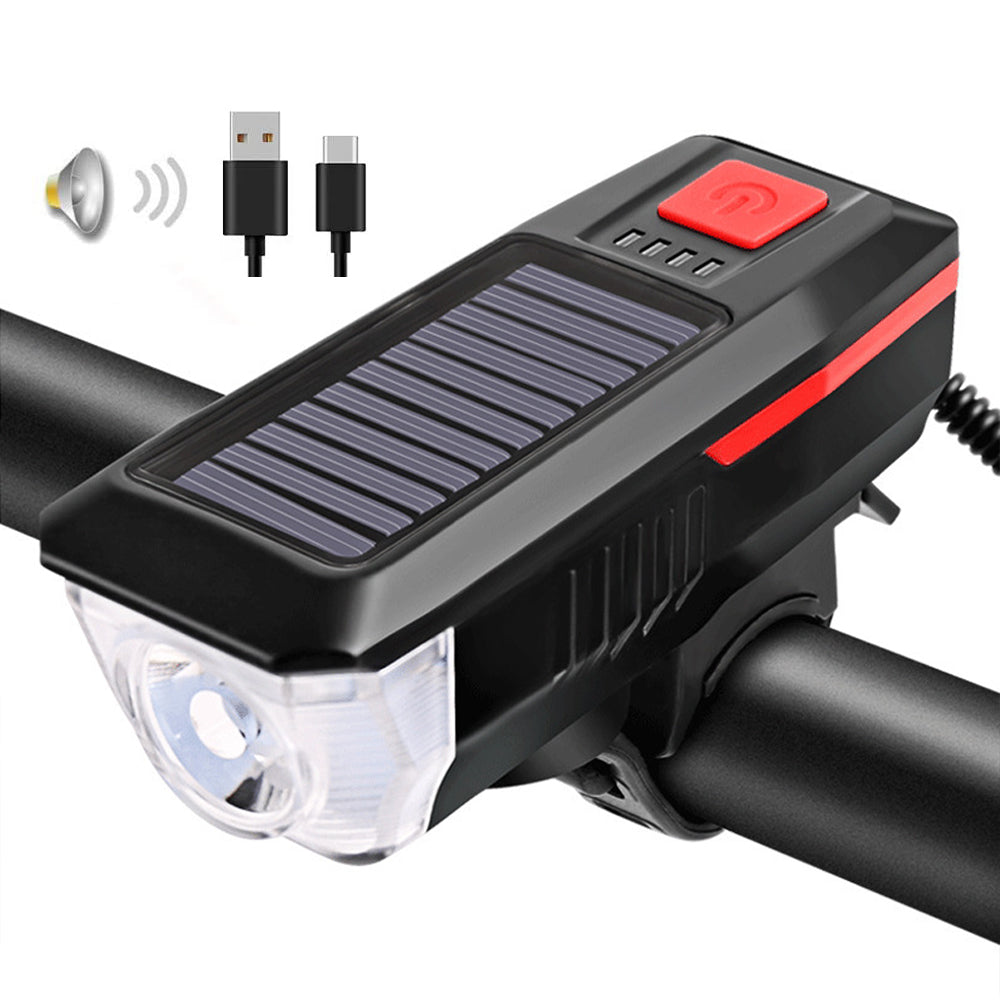 Eyotto Solar Bike Light Set with Alarming, Solar LED Bicycle Light Rechargeble Lighting with Horn, Bike Horn LED Headlight with 3 Lighting Modes