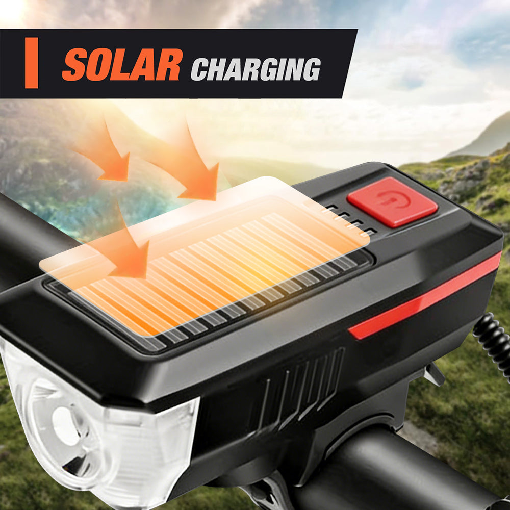 Eyotto Solar Bike Light Set with Alarming, Solar LED Bicycle Light Rechargeble Lighting with Horn, Bike Horn LED Headlight with 3 Lighting Modes