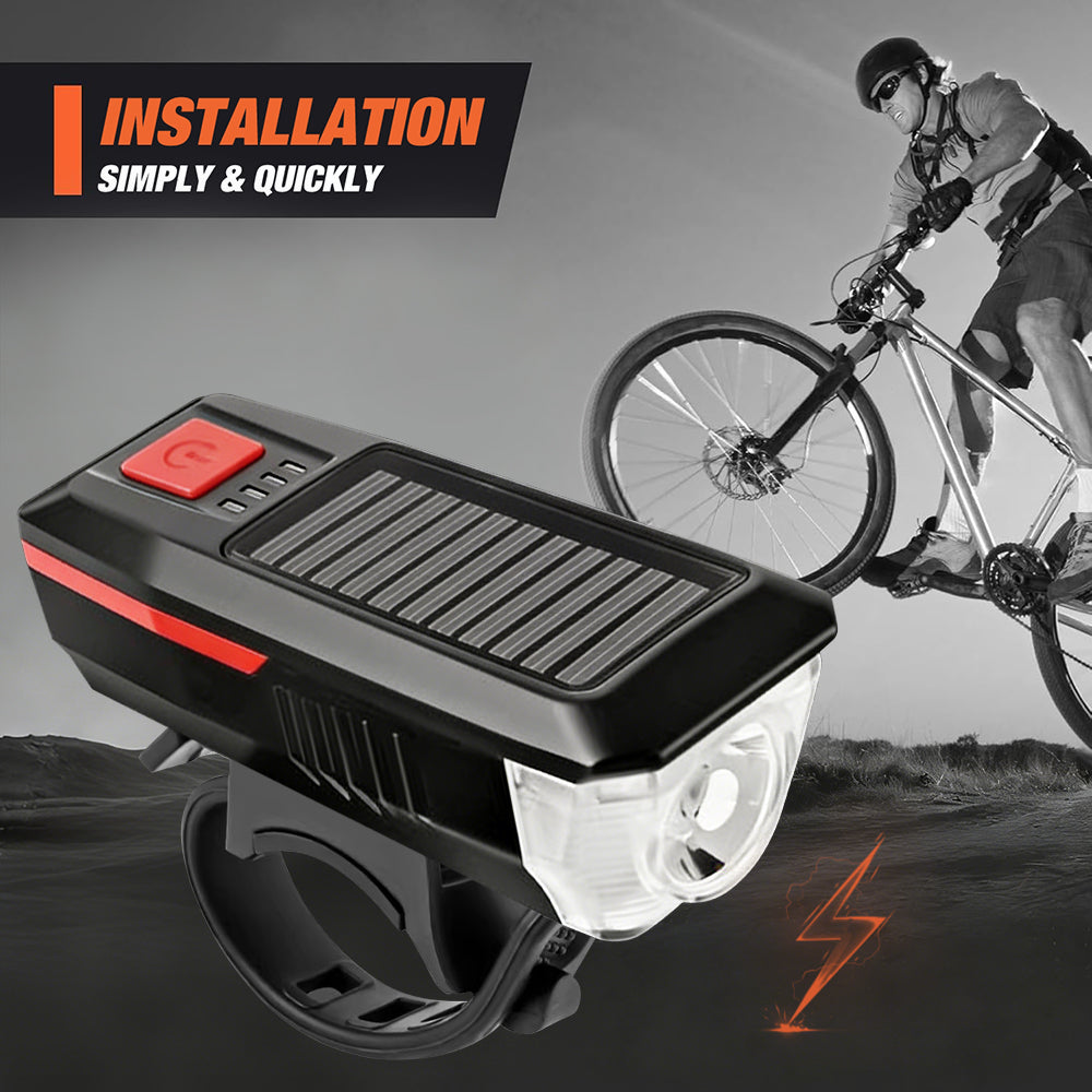 Eyotto Solar Bike Light Set with Alarming, Solar LED Bicycle Light Rechargeble Lighting with Horn, Bike Horn LED Headlight with 3 Lighting Modes