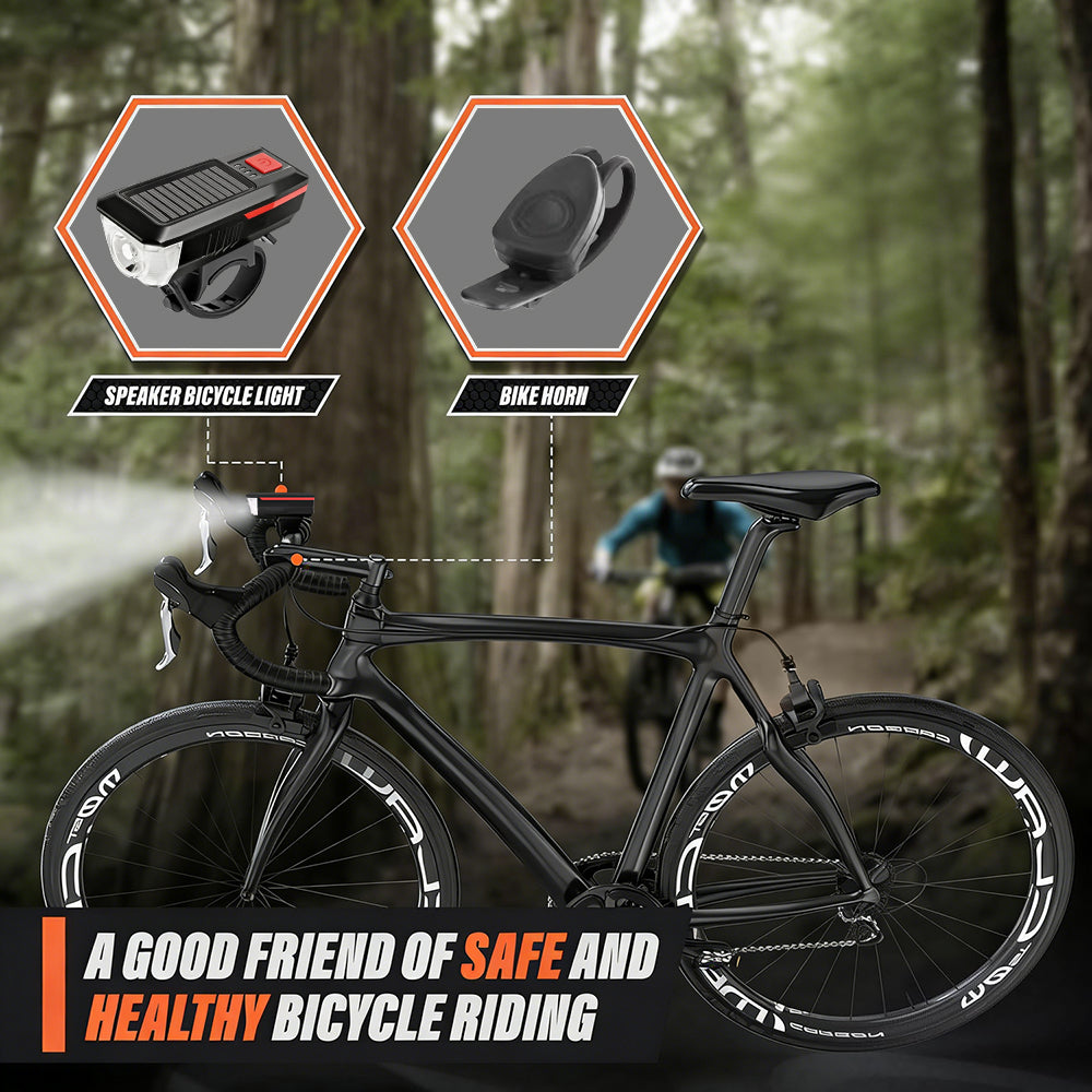 Eyotto Solar Bike Light Set with Alarming, Solar LED Bicycle Light Rechargeble Lighting with Horn, Bike Horn LED Headlight with 3 Lighting Modes