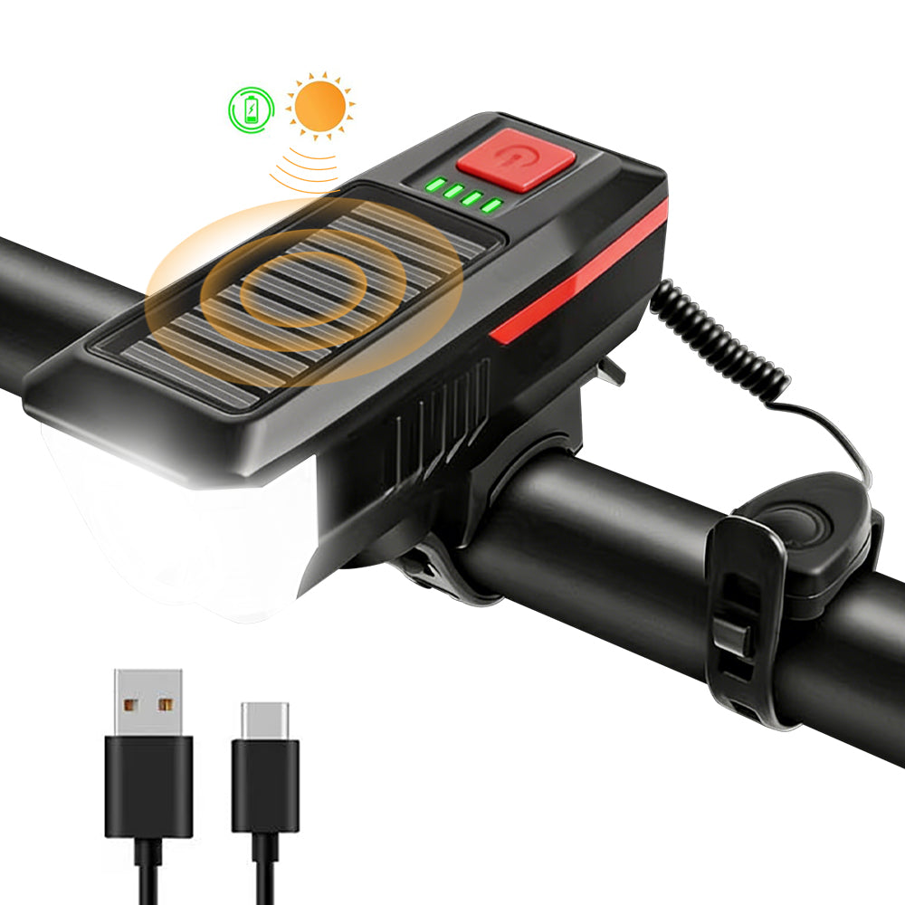 Eyotto Solar Bike Light Set with Alarming, Solar LED Bicycle Light Rechargeble Lighting with Horn, Bike Horn LED Headlight with 3 Lighting Modes