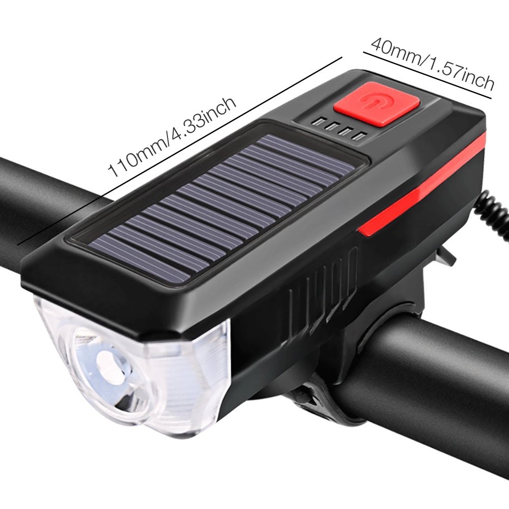 Eyotto Solar Bike Light Set with Alarming, Solar LED Bicycle Light Rechargeble Lighting with Horn, Bike Horn LED Headlight with 3 Lighting Modes