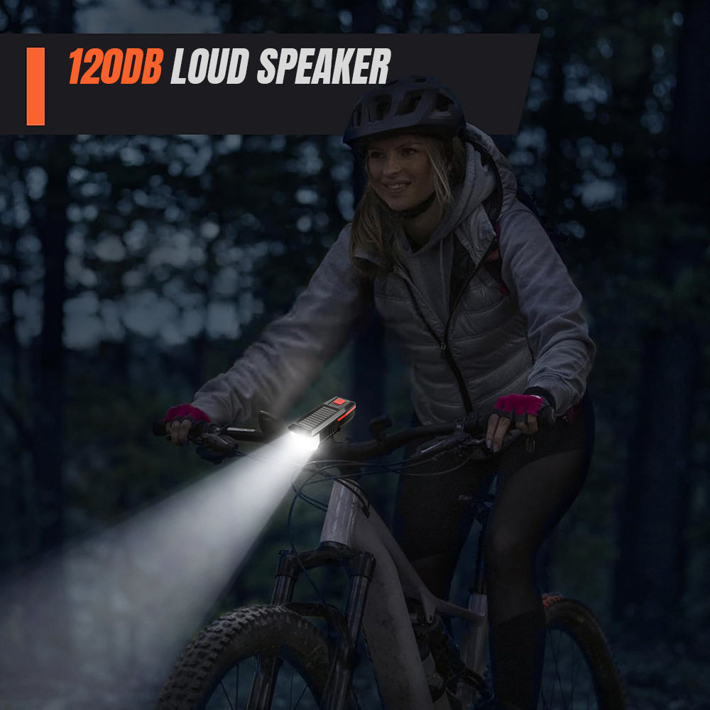 Eyotto Solar Bike Light Set with Alarming, Solar LED Bicycle Light Rechargeble Lighting with Horn, Bike Horn LED Headlight with 3 Lighting Modes