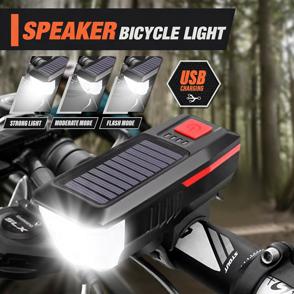 Eyotto Solar Bike Light Set with Alarming, Solar LED Bicycle Light Rechargeble Lighting with Horn, Bike Horn LED Headlight with 3 Lighting Modes