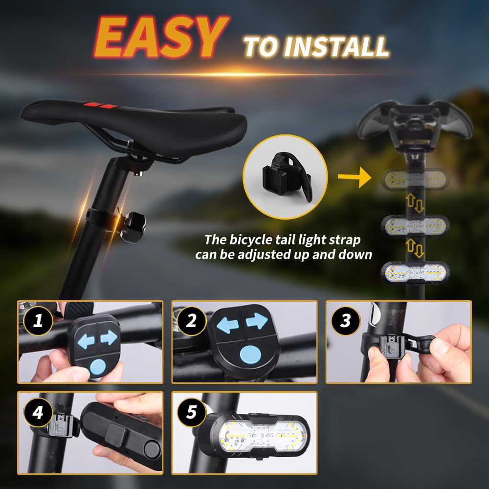 Eyotto 30 LED Bike Tail Light, 1200mAh Rechargeable Turning Signal Light with Remote, Bicycle LED Tail Lighting with Strap, Wireless Bike Light