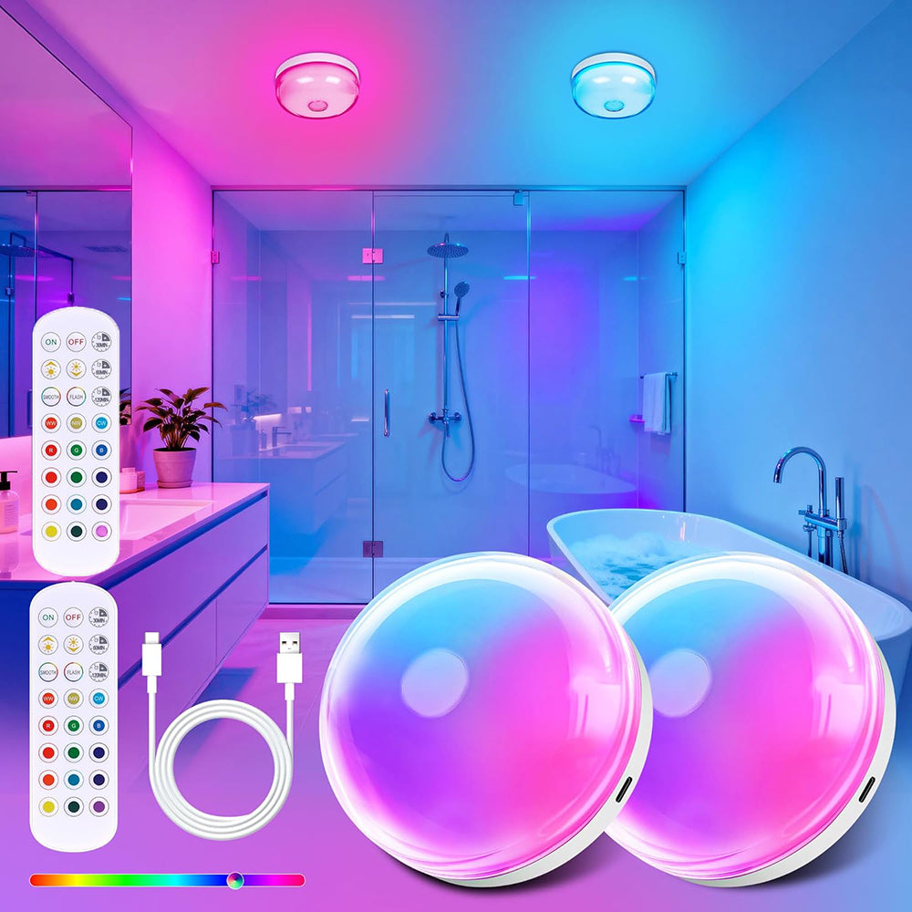 Eyotto 2pcs Wireless Shower Lights, 2000mAh Rechargeable Motion Sensor Night Lighting with RGB, LED Waterproof Party Lights for Ceiling Light Night Light Shower Light Bathroom Closet