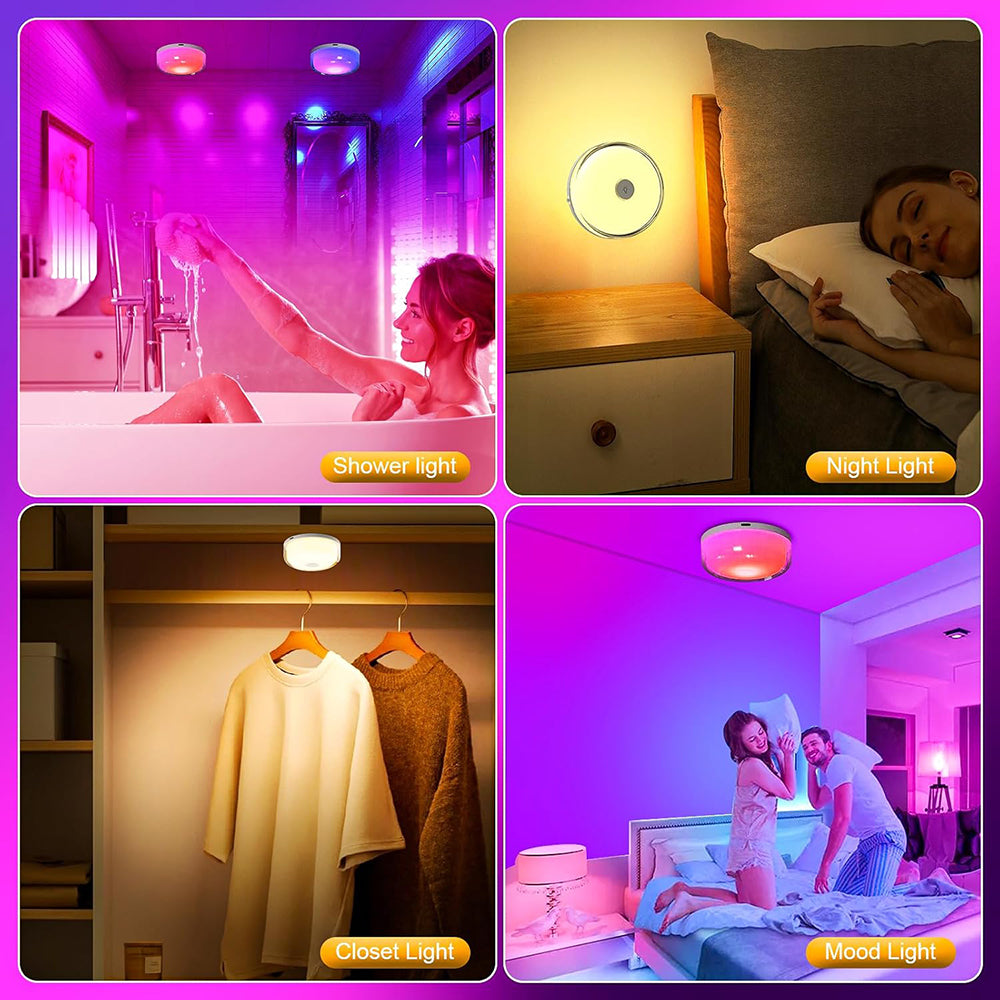 Eyotto 2pcs Wireless Shower Lights, 2000mAh Rechargeable Motion Sensor Night Lighting with RGB, LED Waterproof Party Lights for Ceiling Light Night Light Shower Light Bathroom Closet