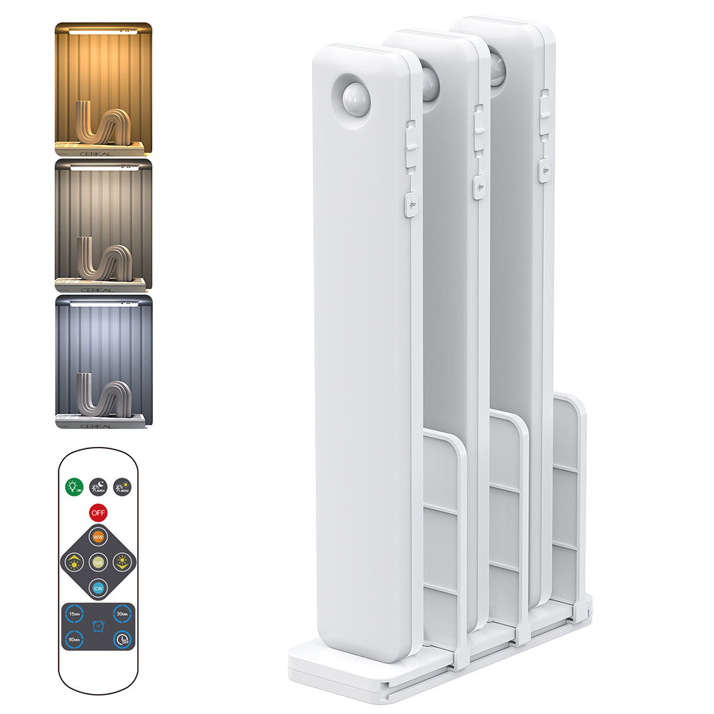 Eyotto 3pcs Wireless Under-Cabinet Lights with Power Station, Motion Sensor Closet Light with 3 Lighting Color, Rechargeable LED Closet Lights with Remote for Stair Kitchen Closet, 3 Packs