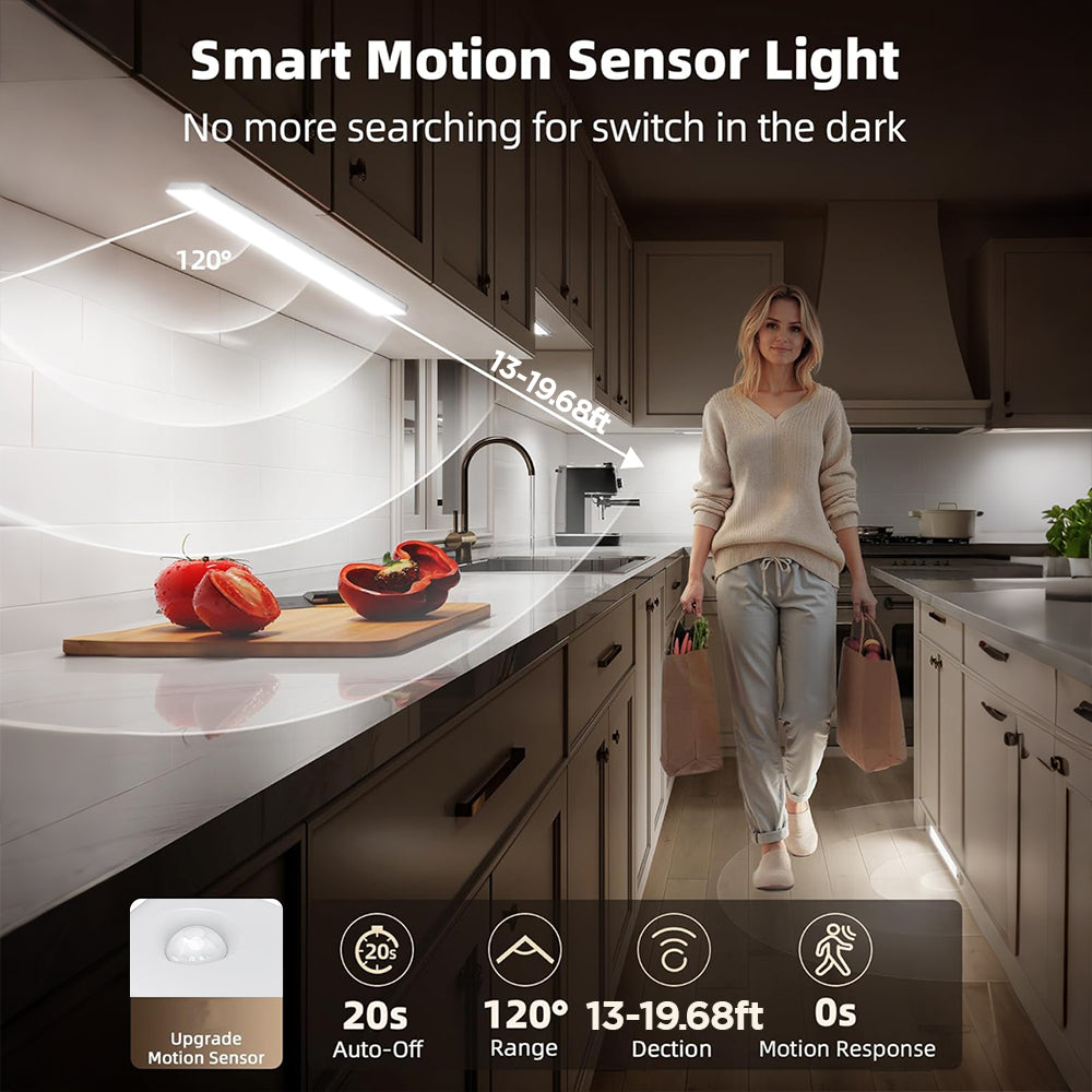 Eyotto 3pcs Wireless Under-Cabinet Lights with Power Station, Motion Sensor Closet Light with 3 Lighting Color, Rechargeable LED Closet Lights with Remote for Stair Kitchen Closet, 3 Packs