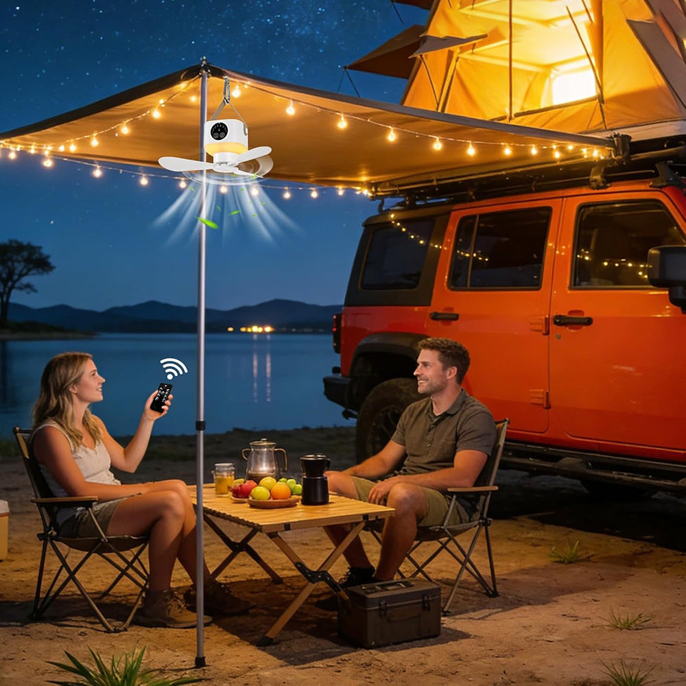 Eyotto Camping Fan Light, 7200mAh Rechargeable Camping Lantern with 3 Blades Fan, Portable Remote Tent Hanging Fan with Digital Display for Tent Camping Hiking Picnic Hiking Fishing