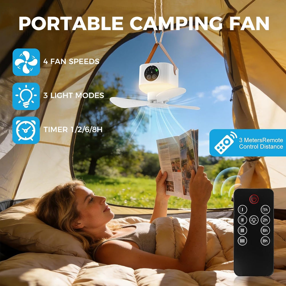 Eyotto Camping Fan Light, 7200mAh Rechargeable Camping Lantern with 3 Blades Fan, Portable Remote Tent Hanging Fan with Digital Display for Tent Camping Hiking Picnic Hiking Fishing
