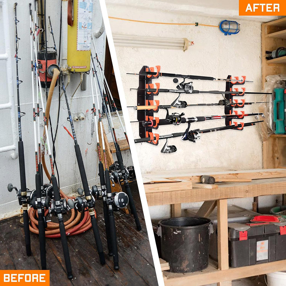 eYotto 10 Fishing Rod Rack, Horizontal Fishing Rod Rack Wall Mount Fishing Rod Holder for Storage, Orange