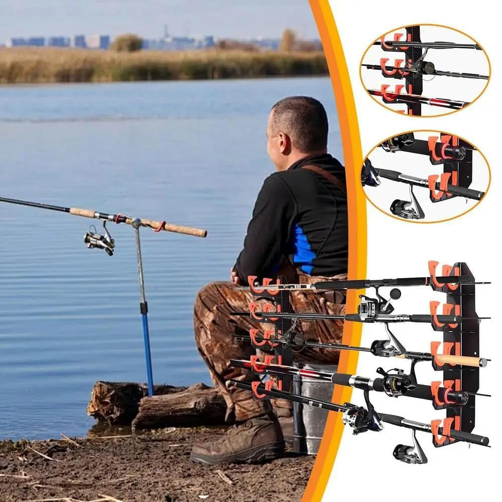 eYotto 10 Fishing Rod Rack, Horizontal Fishing Rod Rack Wall Mount Fishing Rod Holder for Storage, Orange