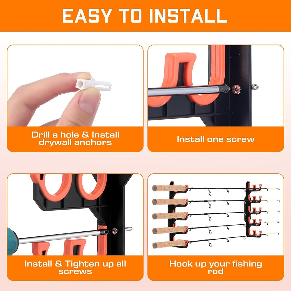 eYotto 10 Fishing Rod Rack, Horizontal Fishing Rod Rack Wall Mount Fishing Rod Holder for Storage, Orange