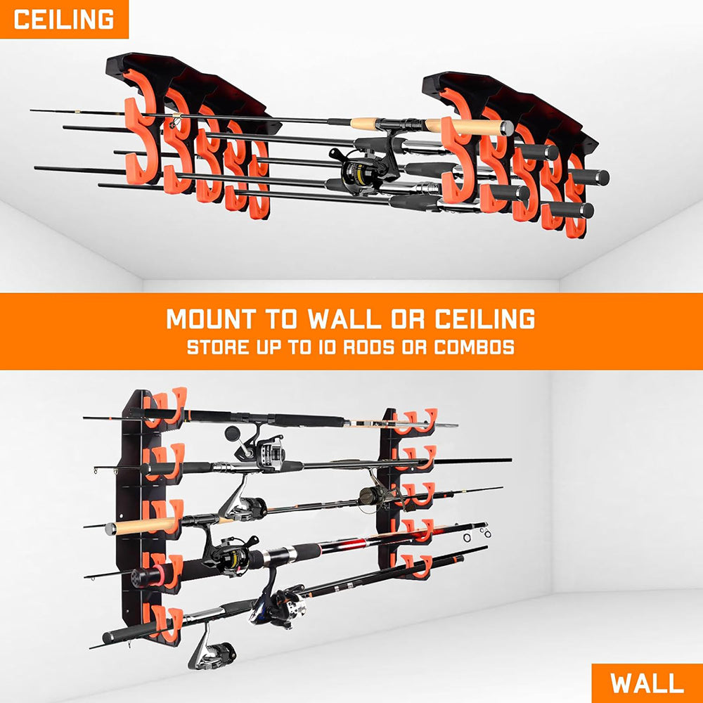 eYotto 10 Fishing Rod Rack, Horizontal Fishing Rod Rack Wall Mount Fishing Rod Holder for Storage, Orange