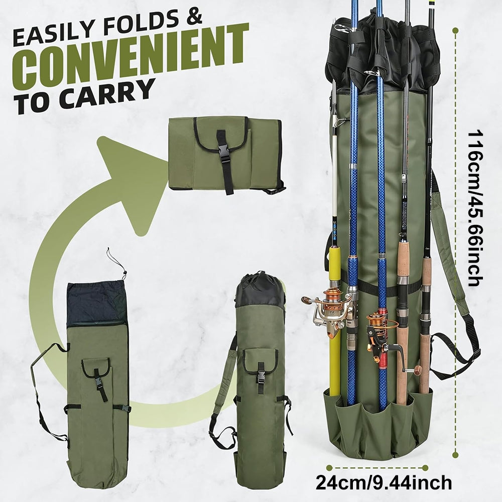 Eyotto Fishing Rod Bag, Fishing Rod & Reel Organizer Bag, 5 Poles Storage Fishing Rod Case Bag, Portable Folding Fishing Carry Bag