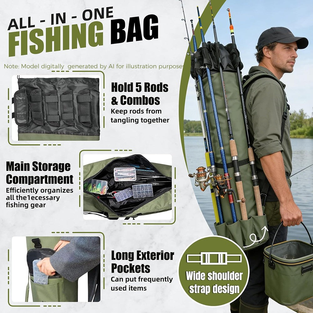 Eyotto Fishing Rod Bag, Fishing Rod & Reel Organizer Bag, 5 Poles Storage Fishing Rod Case Bag, Portable Folding Fishing Carry Bag