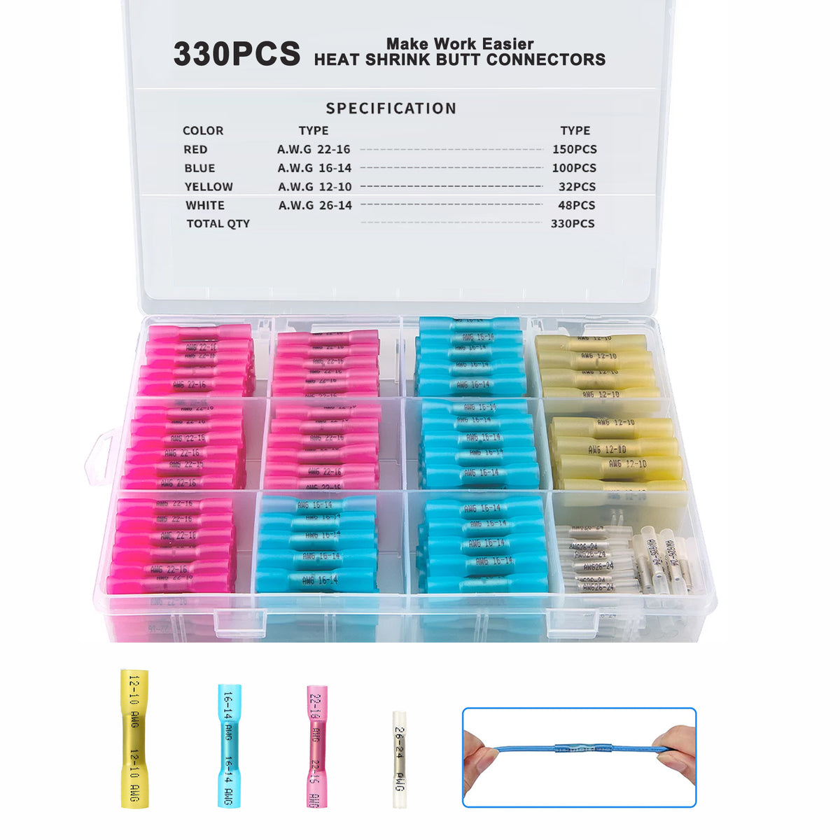 Eyotto 330PCS Heat Shrink Bullet Connectors Butt Splice Wire Connectors Kit, Tinned Copper Insulated Connectors
