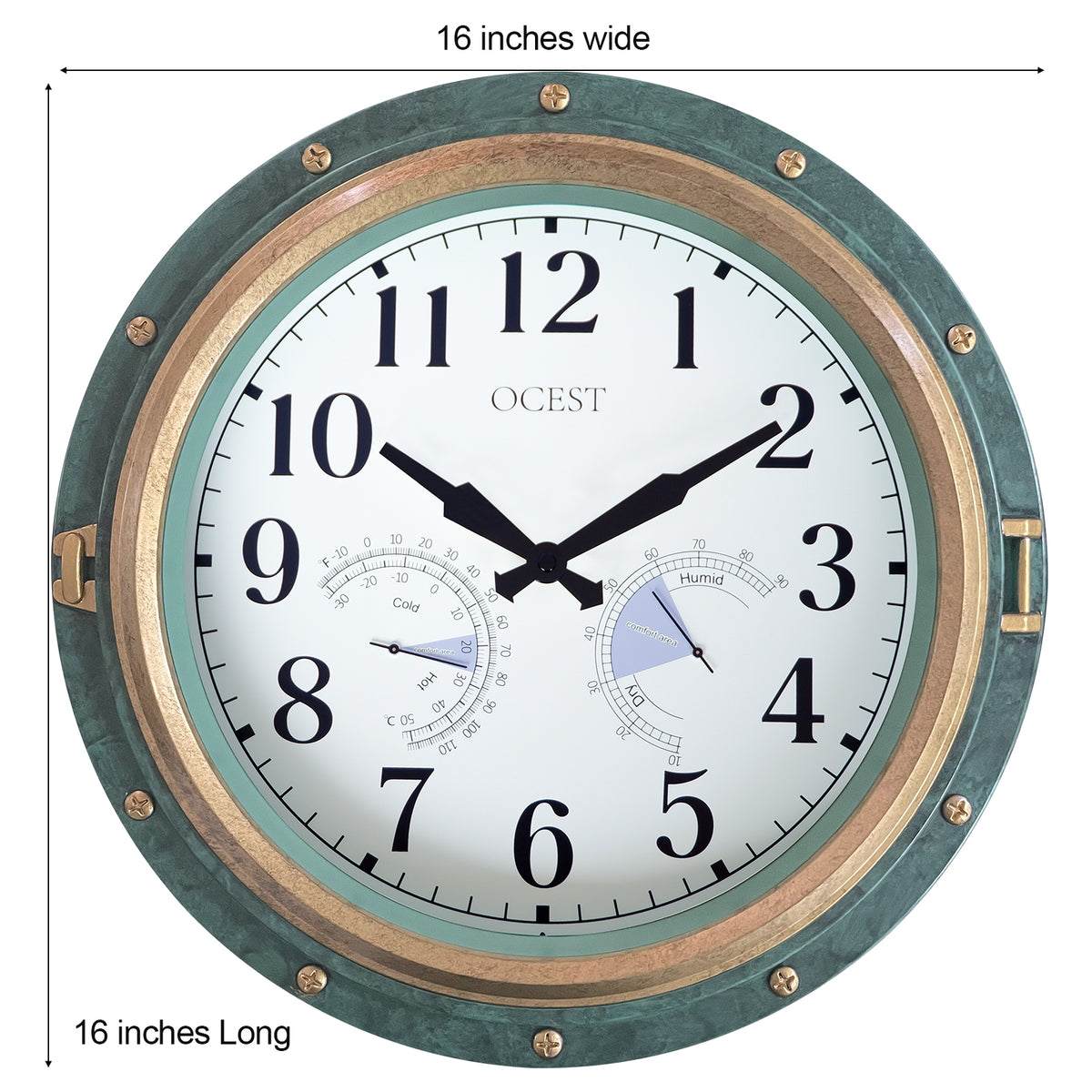 Eyotto 16" Indoor Outdoor Clock, Waterproof Wall Clock with Thermometer Hygrometer, Silent Non-Ticking Battery Operated Wall Clock for Home Decor, Patio, Garden