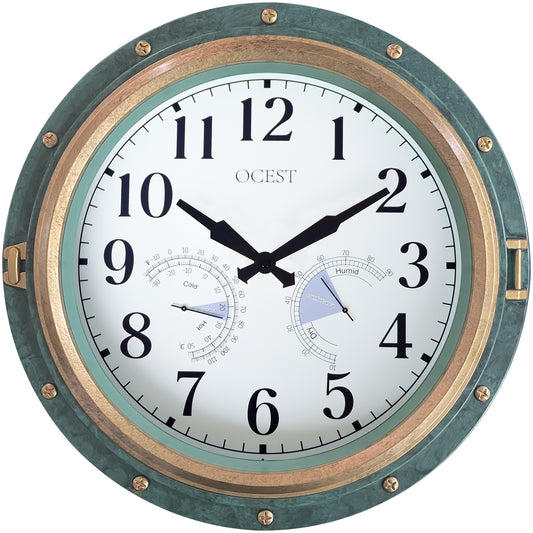 Eyotto 16" Indoor Outdoor Clock, Waterproof Wall Clock with Thermometer Hygrometer, Silent Non-Ticking Battery Operated Wall Clock for Home Decor, Patio, Garden